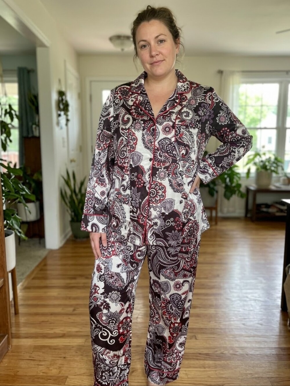 George Paisley Satin Long Sleeve Pajama Set Size XL 16-18 Red Black